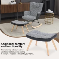 Fabric Rocking Chair with Solid Wood Legs, High Back Recliner with Footstool and Neck Pillow, 85L x 65W x 96H cm, White+Black(m-5)