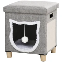 PawHut Cat House Cave, Cat Bed Cube with Scratching Pad, Soft Detachable & Washable Cushion, Toy Ball, for Indoor Kittens, Grey(m-1)