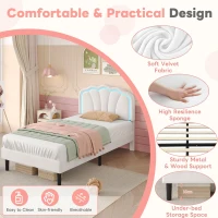 Single Upholstered Bed Frame with Adjustable Shell Headboard and RGB LED, Velvet Fabric and Solid Wood Slat, 194L x 94W x 111H cm, White(m-6)