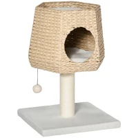 PawHut Árbol Rascador para Gatos Pequeño Altura 66 cm Torre Escalador de Gato con Cueva de Juncos Cama Superior Cojines Poste Rascador de Sisal y Bola Colgante Crema y Natural(m-10)