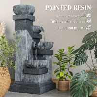 Outsunny 85 cm Outdoor Fontein, 4-Verdiepingen Sierfontein, Kunstmatige Waterval met LED-verlichting en Pomp, Grijs(m-6)