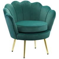 HOMCOM Fauteuil salon fauteuil en velours fauteuil coquillage avec pieds en métal doré pour chambre à coucher, vert foncé