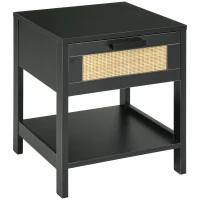 HOMCOM Table de chevet table de nuit avec tiroir et étagère, cannage en rotin, dim. 40L x 40l x 48H cm noir(m-12)