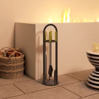 Outsunny Set Utensili per Camino di 5 Pezzi in Metallo con Scopa Paletta Pinze Attizzatoio e Supporto 20x20x71 cm Dorato(m-4)