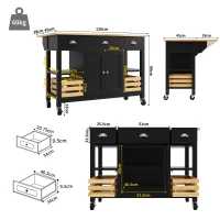 Rolling Kitchen Island Trolley with Adjustable Shelf, Spice Rack and 3 Drawers, Smooth-Rolling Casters for mobility, 120L x 45W x 90H cm, Black(m-3)
