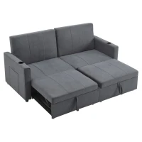 Convertible Fabric Sofa Chair with Cup Holders and Side Pockets, King Size Independent Pull Out Sofa Bed, 207L x 87W x 96H cm, Gray(m-17)