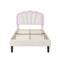 Single Upholstered Bed Frame with Adjustable Shell Headboard and RGB LED, Velvet Fabric and Solid Wood Slat, 194L x 94W x 111H cm, White(m-2)