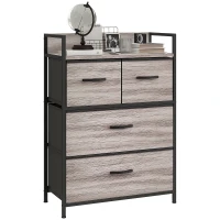 HOMCOM Rustic Chest of Four Fabric Drawers - Grey Wood Effect(m-10)