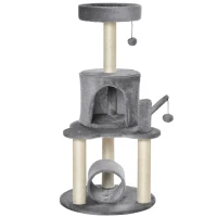 PawHut Cat Tree Tower for Indoor Cats Climbing Activity Center Kitten Furniture with Jute Scratching Post Bed Tunnel Perch Hanging Balls Grey(m-1)