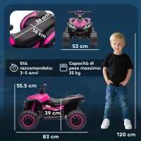 HOMCOM Quad Elettrico per Bambini 12V, 2 Velocità, Ruote Larghe con Clacson e Fari LED, Età 3-5 Anni, Rosa(m-3)