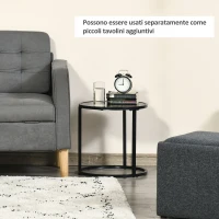 HOMCOM Set di 2 Tavolini da Salotto Rotondi Impilabili in Acciaio ed Effetto Marmo, Nero(m-6)