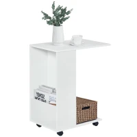 HOMCOM C-Shape Sofa Side Table with Wheels and Storage, Mobile End Table for Laptop, Coffee, Snack, White(m-10)