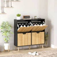 HOMCOM Mobile Portascarpe Stretto con 4 Cassetti Ribaltabili e Ripiani Regolabili per 16 Paia 95x26x95 cm Naturale e Nero(m-4)