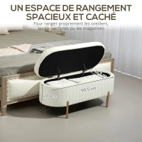 HOMCOM Banc de rangement, bout de lit en velours avec couvercle, pieds en métal, capacité 72 L, 108x44x43,5cm, crème(m-6)