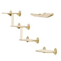 PawHut 3PCs Wall-Mounted Cat Shelves, with Jumping Platforms, Hammock, Scratching Post - Oak Tone(m-11)