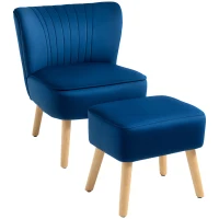 HOMCOM Velvet Accent Chair Occasional Tub Seat Padding Curved Back w/ Ottoman Wood Frame Legs Home Furniture, Dark Blue(m-10)