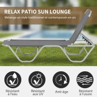 Outsunny Bain de Soleil transat Chaise Longue Design Contemporain Dossier inclinable Multi-Positions aluminium textilène dim. 163L x 58,5I x 91H cm Gris(m-4)