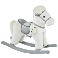 HOMCOM Cavallo a Dondolo per Bambini in Peluche e Legno con Suoni e Orsetto Incluso, per Bimbi da 18-36 Mesi, 65x26x55cm, Bianco(m-1)