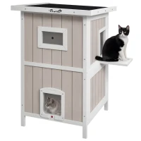 PawHut Outdoor 2 Tiers Wooden Cat Shelter w/ Removable Bottom, Escape Doors, Asphalt Roof, for 1-2 Cats - Light Grey(m-10)