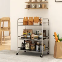 HOMCOM Carrito Auxiliar con Ruedas de Acero Inoxidable Carro de Servicio de 3 Niveles con Estante Ajustable 60x35x77 cm Plata(m-2)