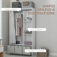 HOMCOM Armadio Guardaroba con Barra Appendiabiti, 3 Cassetti in Tessuto e 3 Ripiani, 105x48x160 cm, Bianco e Grigio(m-5)