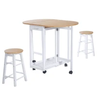 HOMCOM 3 Pieces Dining Room Set, Mobile Foldable Dining Table and 2 Stools with Storage Shelf, 2 Drawers and 6 Wheels, Drop Leaf Bar Table and Stools for Home Kitchen Pub, White(m-10)