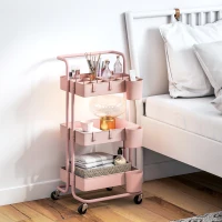 HOMCOM Carrello Ausiliario con Ruote Carro di Stoccaggio Multifunzionale con Ganci e Ceste Sospese 42x38x86,5 cm Rosa(m-4)