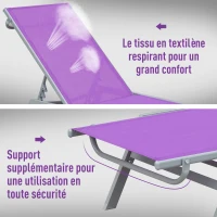 Outsunny Bain de Soleil transat - Chaise Longue - Design Contemporain - Dossier inclinable Multi-Positions - métal époxy textilène Mauve - dim. 170 x 58 x 97 cm(m-6)