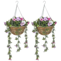 HOMCOM Set of 2 Decorative Artificial Plants, Faux Silk Azalea Flowers in Hanging Baskets, Fake Plants for Home Indoor Outdoor Decor, Pink and White(m-1)