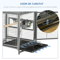 PawHut Cușcă pentru Papagali cu Tăviță Detașabilă, Boluri din Oțel Inoxidabil și 2 Jgheaburi, 48x38x65 cm, Negru(m-4)