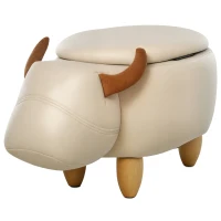 HOMCOM Animal footstool Buffalo Storage Stool Cute Decoration Wood Frame Legs w/Padding Lid Ottoman Furniture Ivory(m-10)