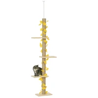 PawHut 242cm Adjustable Floor-To-Ceiling Cat Tree, with Artificial Decoration, Perches, Anti-Slip Kit - Yellow(m-10)