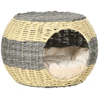 PawHut Wicker Cat House, Rattan Raised Cat Bed, Cosy Kitten Cave with Soft Washable Cushion, Φ40 x 30cm(m-1)