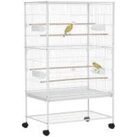 PawHut Gaiola para Pássaros com Rodas Bandeja Amovível 4 Portas Comedouros e Prateleira de Armazenamento 78x52x132cm Branco(m-10)