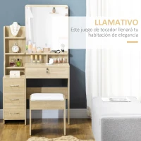 HOMCOM Tocador de Maquillaje con Taburete Espejo 4 Cajones 4 Compartimientos Estilo Moderno 80x38x143 cm Natural(m-4)