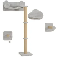 PawHut 4-Piece Cat Shelves w/ Scratching Post, Steps, Jumping Platform, Ladder, Toy Balls, for Indoor Cats, Light Grey(m-1)