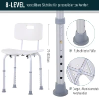 HOMCOM Duschstuhl mit Rückenlehne, Rutschfester Badestuhl, 8-stufig höhenverstellbar, Alu-Legierung, Weiß, 39,5 x 36,5 x 71-83,5 cm(m-5)