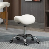 HOMCOM Height Adjustable Saddle Stool with Swivel Wheels, Faux Leather Salon Chair for Hairdressing, Beauty, Tattoo, White(m-2)