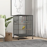 PawHut Cage oiseau sur pied cage sur roulettes avec balançoire, perchoirs et plateau coulissant 48 x 46 x 74 cm en acier noir(m-2)