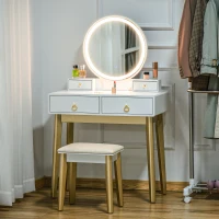 HOMCOM Dressing Table Set with Mirror, Built-in 3 Color LED Light, Vanity Makeup Table with 4 Drawers and Cushioned Stool for Bedroom, White(m-2)