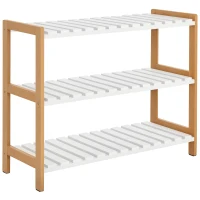 HOMCOM 3-Tier Shoe Rack Wood Frame Slatted Shelves Spacious Open Hygienic Storage Home Hallway Furniture Family Guests 70L x 26W x 57.5H cm - Natural(m-10)