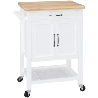 HOMCOM Kitchen Storage Trolley Cart Rolling Wheels Shelves Cupboard W/ Drawer And Towel Rail Rubber Wood Worktop White(m-1)