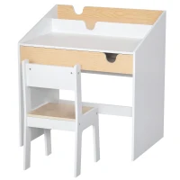 HOMCOM Escritorio para Niños con Silla de 3 a 6 Años con Cajón y Estante para Libros 70x50x75 cm Blanco y Natural(m-10)