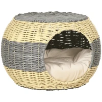 PawHut Wicker Cat House, Rattan Raised Cat Bed, Cosy Kitten Cave with Soft Washable Cushion, Φ40 x 30cm(m-10)