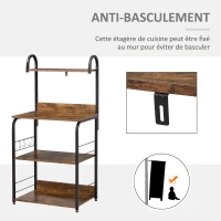 HOMCOM Étagère de cuisine, étagère micro-onde 3 étagères plateau crochets châssis acier 60 x 40 x 125 cm effet bois d'acajou(m-7)