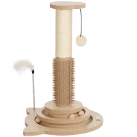 PawHut 49cm 5 in 1 Cat Scratching Post with Sisal Post, Track Ball, Self Grooming Brush, Hanging Toy Ball, Feather, Oak Tone(m-1)