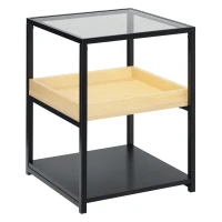 HOMCOM Mesa Auxiliar de 3 Niveles Mesita de Noche Estilo Moderno con Encimera de Cristal Estantes de Madera y de Acero para Dormitorio Salón 40x40x55 cm Negro(m-10)
