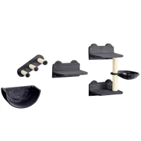 PawHut 4PCs Wall-Mounted Cat Shelves w/ Scratching Post, Hammock, Nest - Dark Grey(m-1)