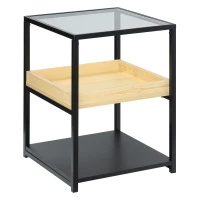 HOMCOM Mesa Auxiliar de 3 Niveles Mesita de Noche Estilo Moderno con Encimera de Cristal Estantes de Madera y de Acero para Dormitorio Salón 40x40x55 cm Negro(m-1)