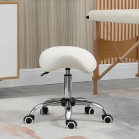 HOMCOM Height Adjustable Saddle Stool with Swivel Wheels, Faux Leather Salon Chair for Hairdressing, Beauty, Tattoo, White(m-7)